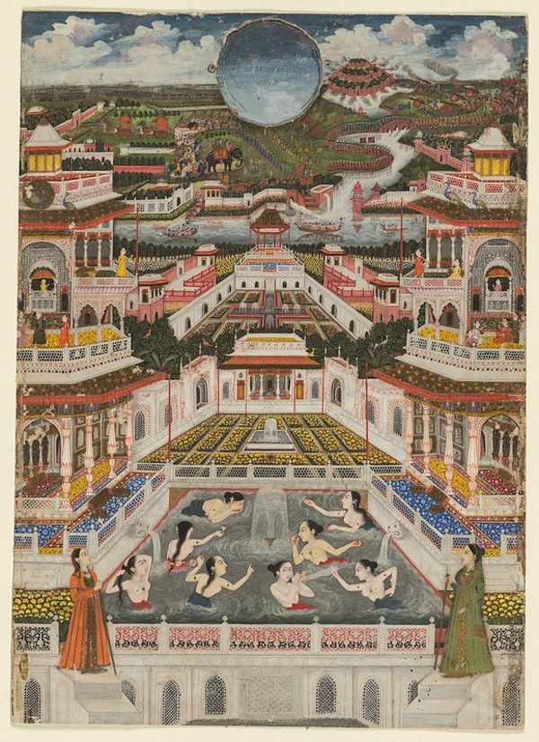 WOMAN BATHING IN FRONT OF AN ARCHITECTURAL PANORAMA